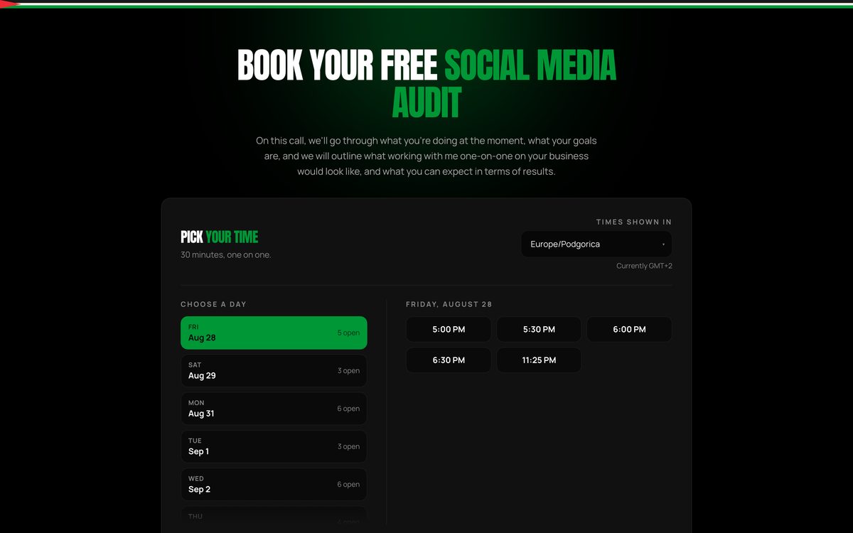 The booking page